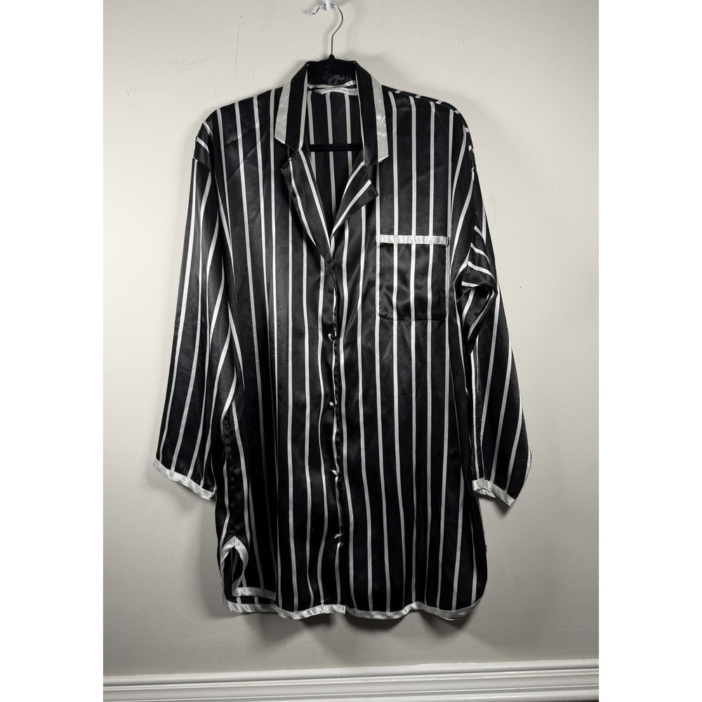 Victorias Secret Medium Satin Pajama Top Black Stripe Sleep Shirt Sexy Romantic